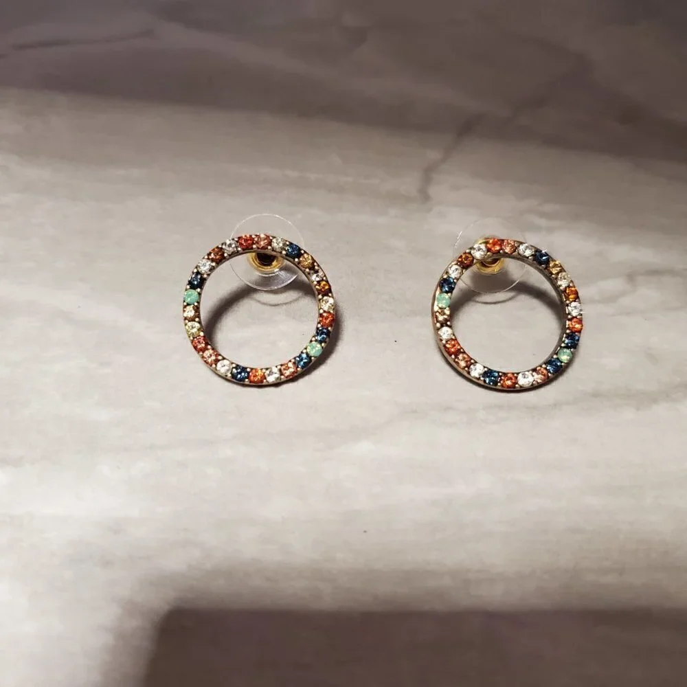 🌈 J.Crew Rainbow Pave Rhinestones Crystals Hoop Post Stud Earrings 🌈